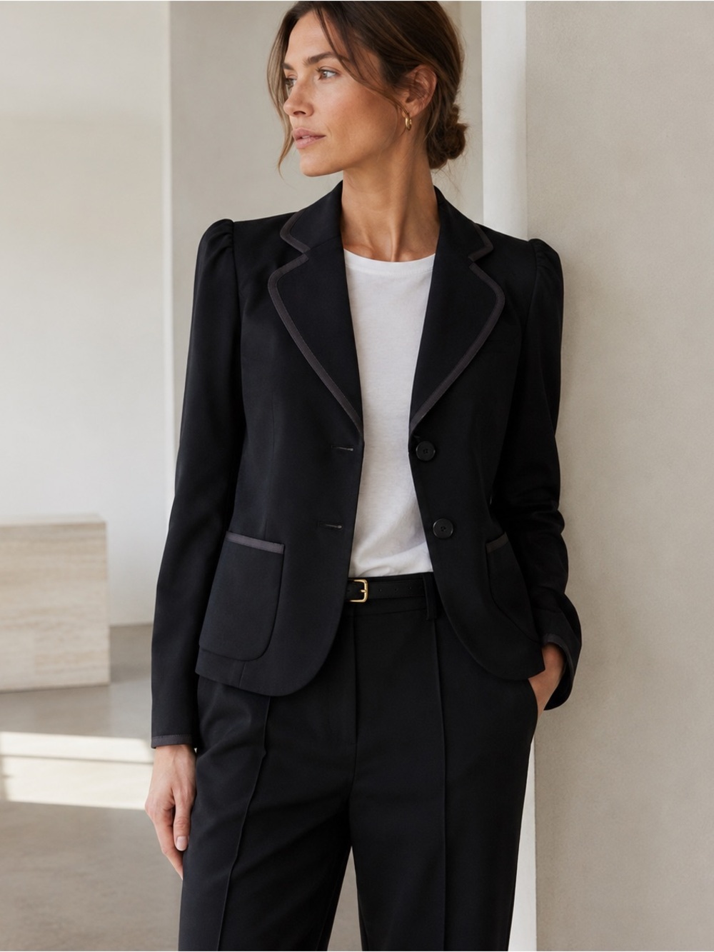 Dana Buchman Black Tailored Blazer Contrast Trim Puff Sleeve Career Jacket Sz 6